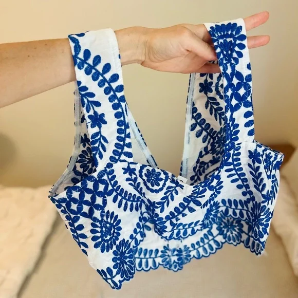 Embroidered Blue and White Women's Top - Picture 5 of 6